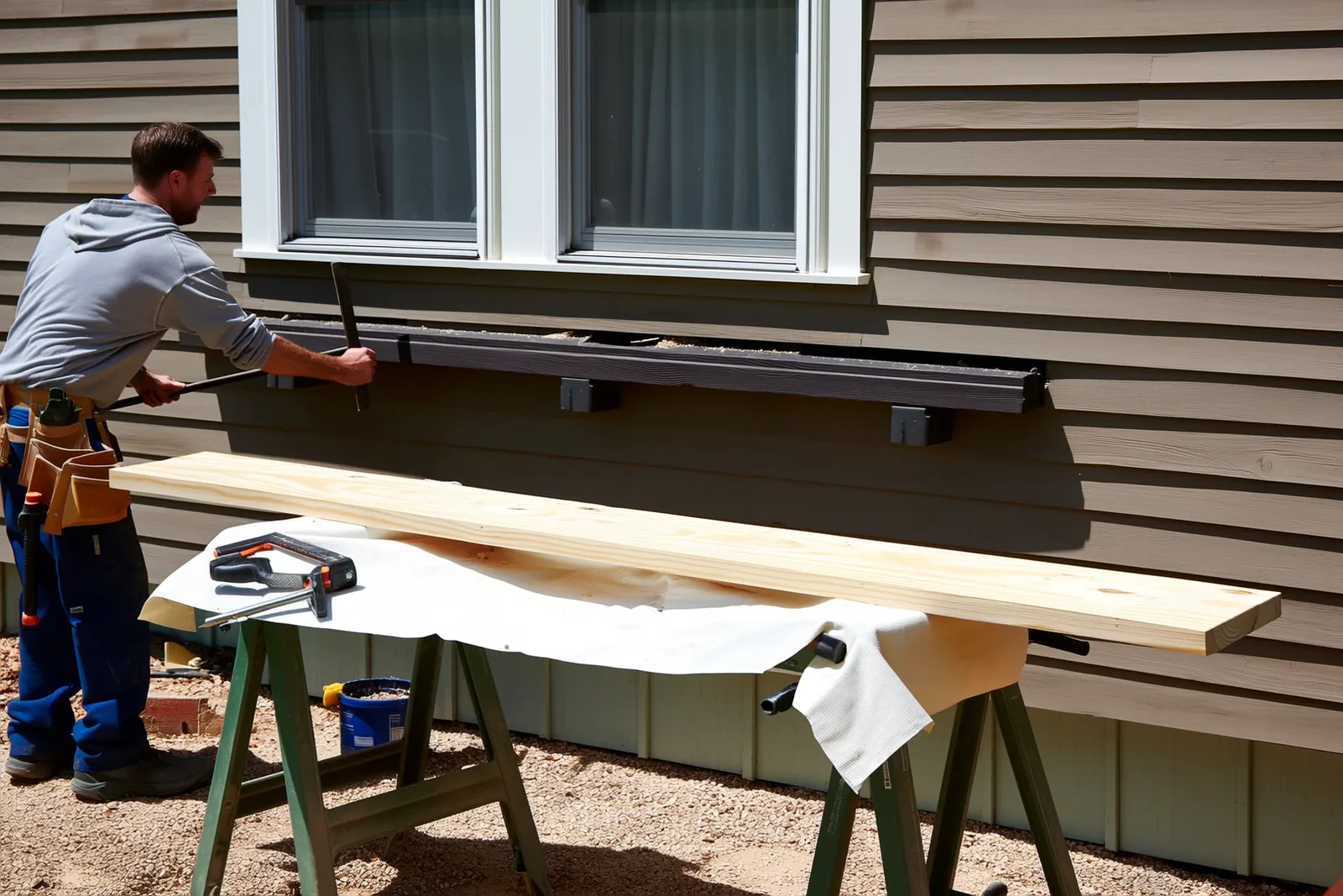 A carpenter prying off a dark trim board below a window, with a new pine board on sawhorses beside him