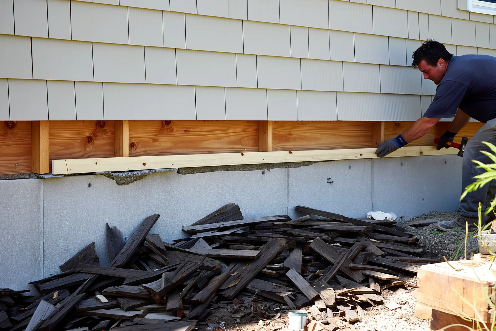 A carpenter setting a new sill board on the foundation of an older house, with old damaged wood piled on the ground