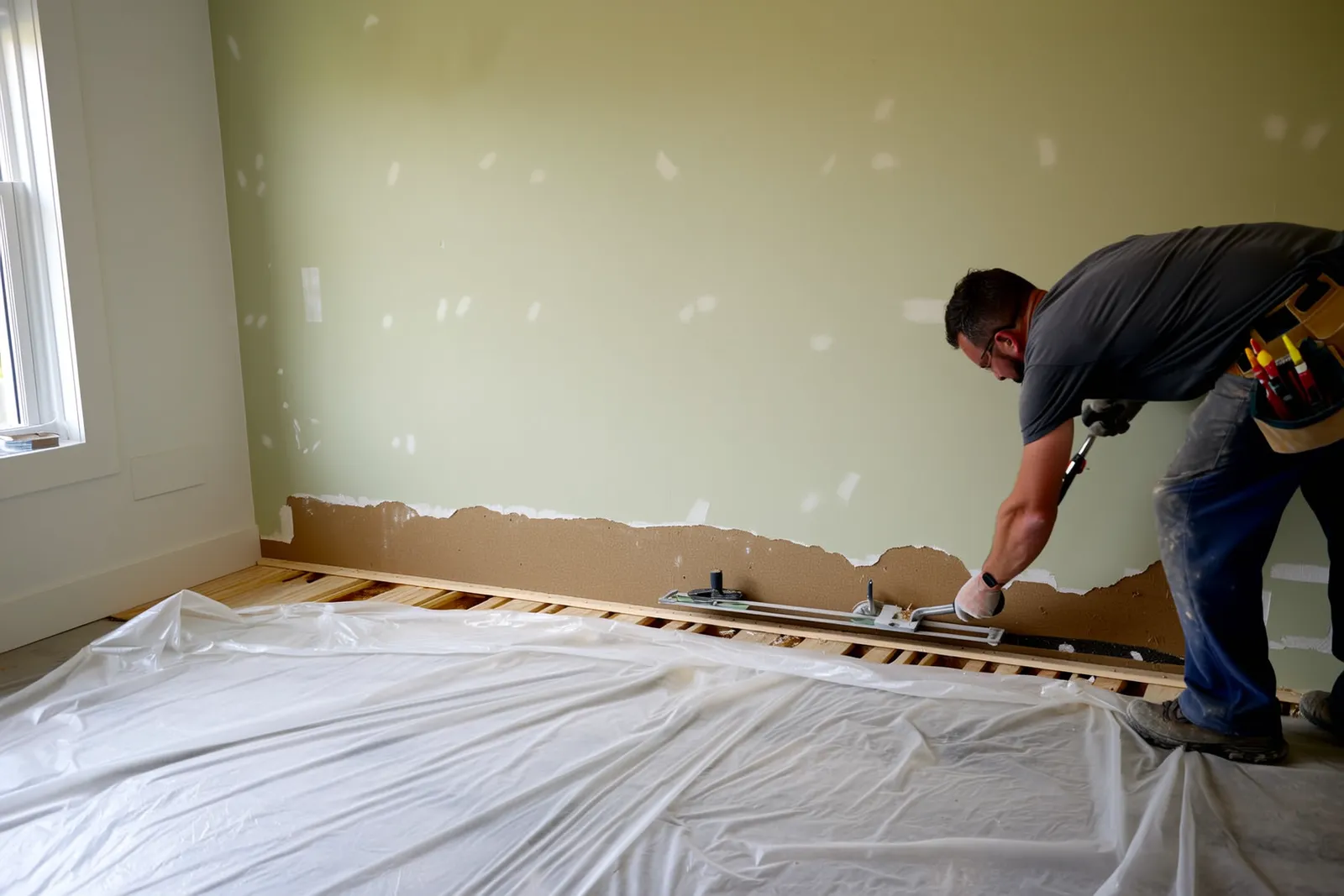 A carpenter cutting away water-damaged drywall along the bottom of a wall, with the floor covered in plastic